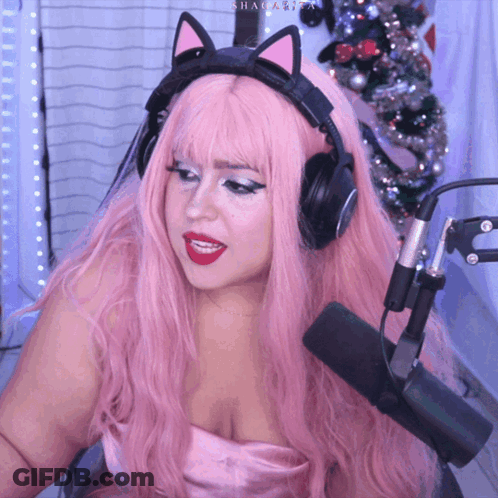 Woman With Pink Hair And Cat Ear Headphones GIF