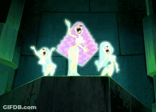 Woman With Pink Hair And Two Ghosts Screaming GIF