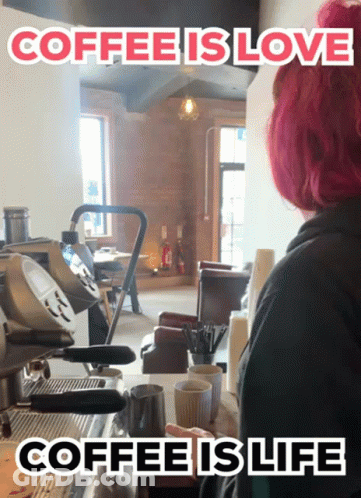 Woman With Pink Hair In Front Of Coffee Machine With Coffee Is Love GIF