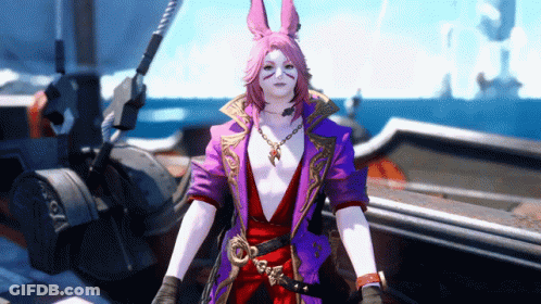 Woman With Pink Hair In Purple Jacket And Red Pants GIF