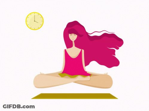 Woman With Pink Hair On Yoga Mat, Clock At 7:15 GIF