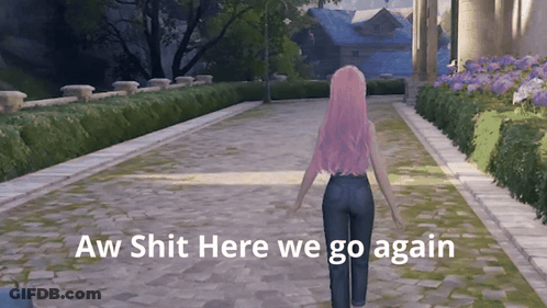 Woman With Pink Hair Walking Aw Shit Here We Go Again GIF