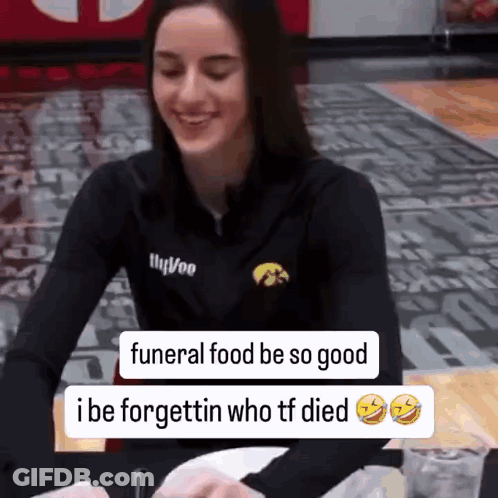 Woman With Plate And Funeral Food Be So Good Sign GIF