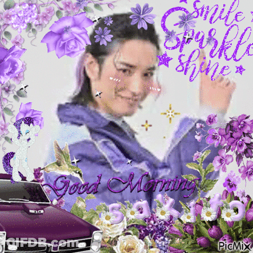 Woman With Purple Flowers And Car Says Good Morning GIF