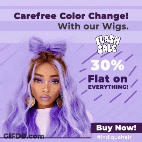 Woman With Purple Hair And Bow Saying Carefree Color Change With Our Wigs GIF