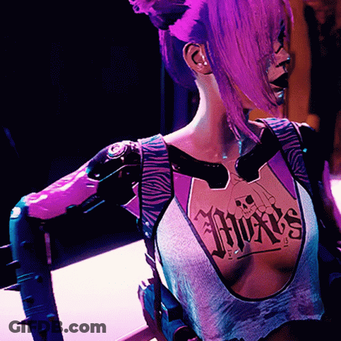 Woman With Purple Hair And Pixies Tattoo GIF