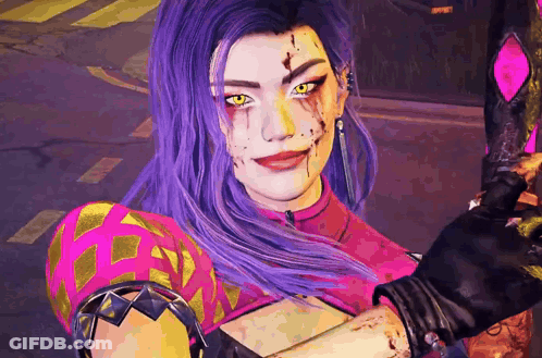 Woman With Purple Hair And Yellow Eyes Holding Sword GIF