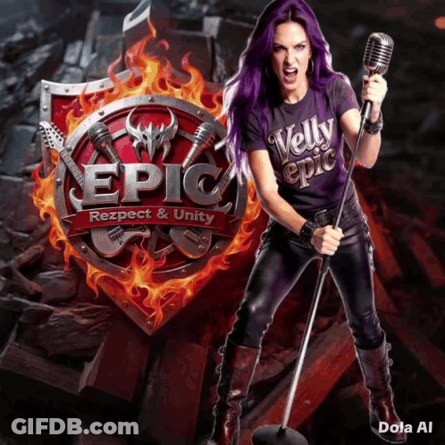 Woman With Purple Hair Holding Microphone In Front Of Epic Sign GIF