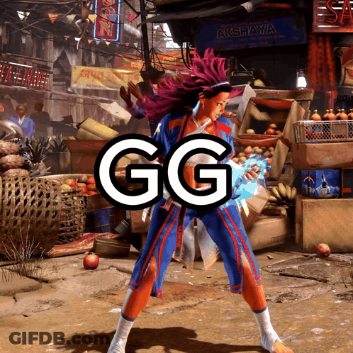 Woman With Purple Hair Standing In Front Of Akshaya Sign GIF