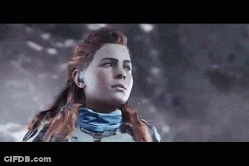 Woman With Red Hair And Blue Scarf Looking Up GIF