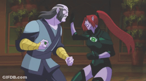 Woman With Red Hair Fighting Man In Purple Outfit GIF
