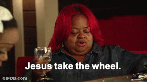 Woman With Red Hair Holding Wine And Saying Jesus Take The Wheel GIF