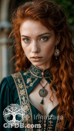 Woman With Red Hair In Green And Gold Dress And Earrings GIF