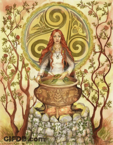 Woman With Red Hair Sitting In Cauldron With Celtic Symbol GIF