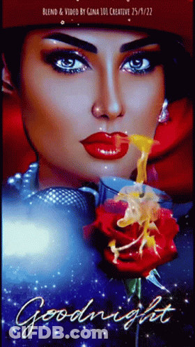 Woman With Red Lips Holding Rose Goodnight GIF