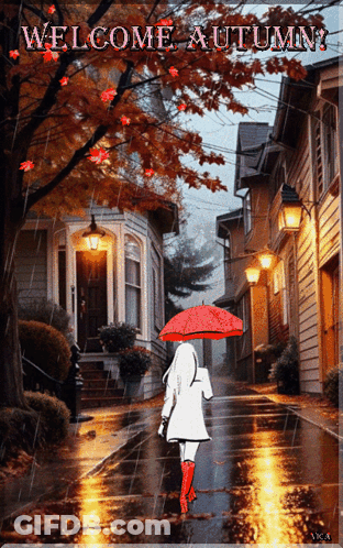 Woman With Red Umbrella Walking Wet Street Welcome Autumn GIF