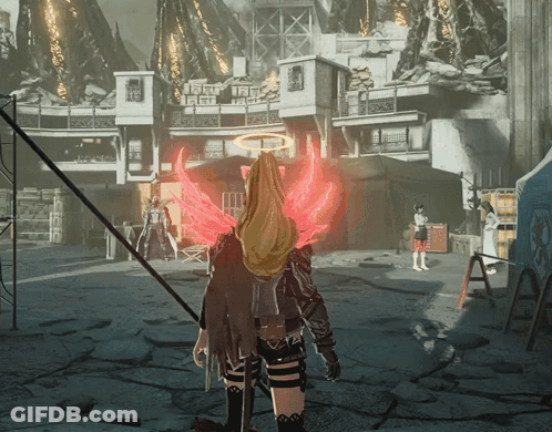 Woman With Red Wings And Halo In Front Of Building GIF