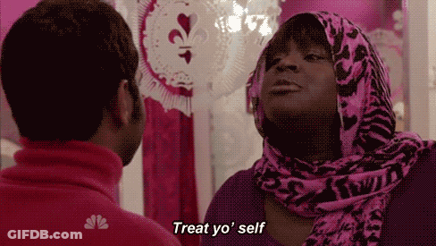 Woman With Scarf Says Treat Yo Self GIF
