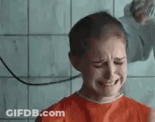 Woman With Shaved Head Crying In Bathroom GIF