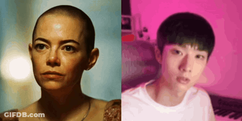 Woman With Shaved Head Next To Man In White Shirt GIF