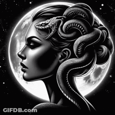 Woman With Snake In Hair Against Full Moon GIF