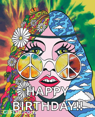 Woman With Sunglasses And Peace Sign Birthday Card GIF