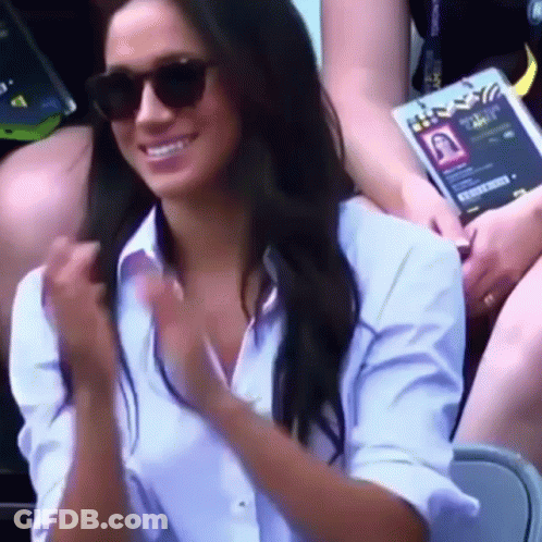 Woman With Sunglasses And White Shirt Smiling Clapping GIF