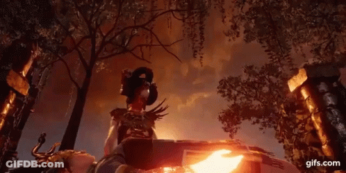 Woman With Sword In Front Of Fire GIF