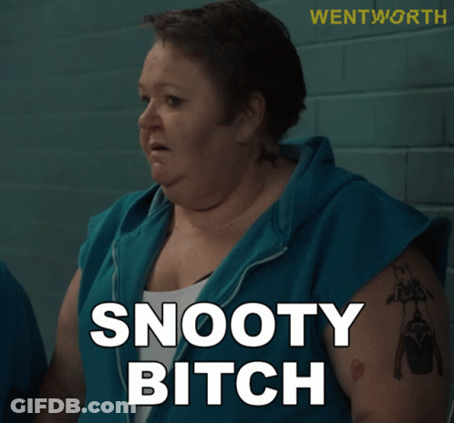 Woman With Tattoo Saying Snooty Bitch GIF