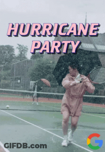 Woman With Tennis Racquet In Hurricane Party Rain GIF