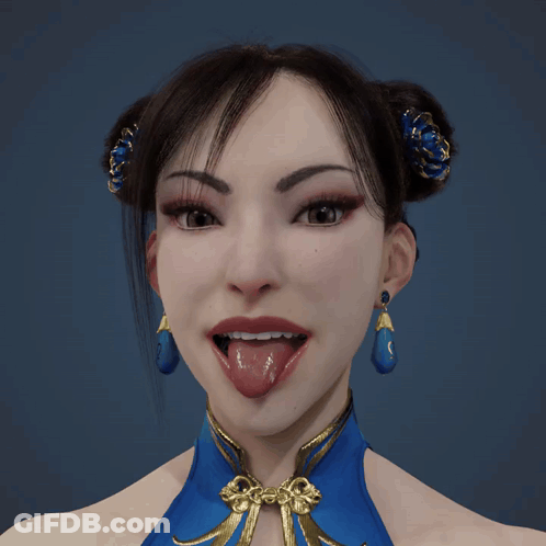 Woman With Tongue Out In Blue And Gold Outfit GIF