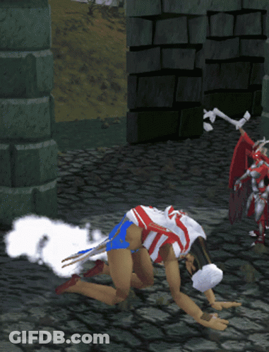 Woman With Wings Kneeling Before Skeleton In Video Game GIF