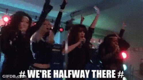 Women Dancing Arms Up Saying We're Halfway There GIF
