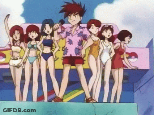 Women In Bikinis Standing Next To Man In Hawaiian Shirt Holding Microphone GIF