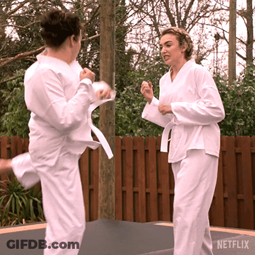Women In Karate Uniforms Kicking GIF
