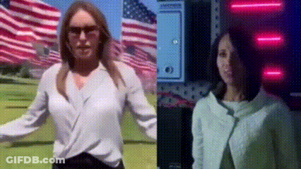 Women In White Shirt, Jacket With American Flags GIF