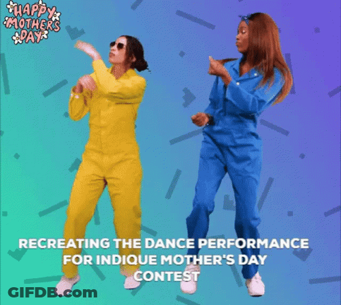 Women In Yellow And Blue Jumpsuits Dancing GIF