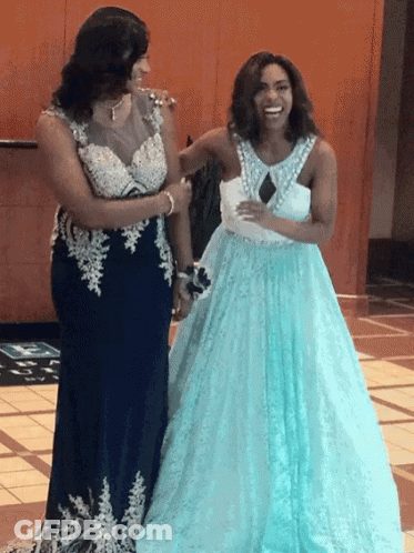 Women Laughing In Blue And White Dress GIF