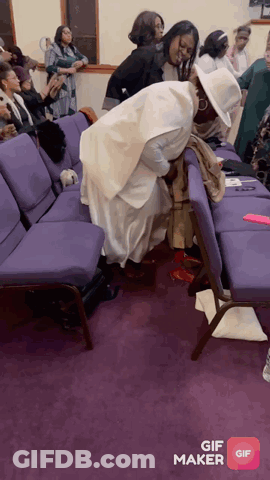 Women Sitting In Purple Chairs In Church GIF
