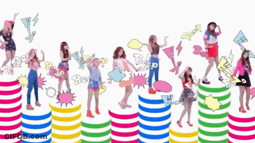 Women Standing On Colorful Striped Pillars With Beep Bubbles GIF
