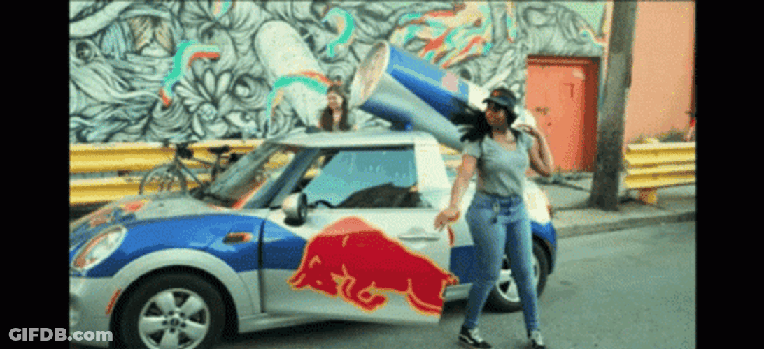 Women With Red Bull Backpacks GIF