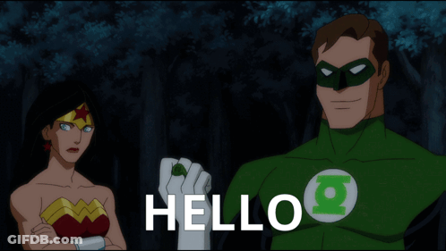 Wonder Woman And Green Lantern Are Standing Next To Each Other With The Words Hello Written In White GIF