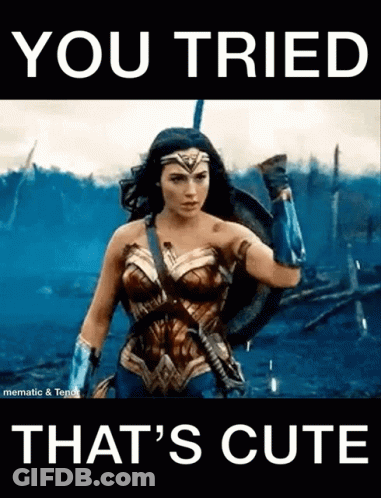 Wonder Woman Holding A Shield And A Sword With The Caption You Tried That 'S Cute GIF