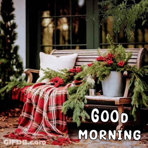 Wooden Bench With Plaid Blanket And Christmas Decorations Saying Good Morning GIF