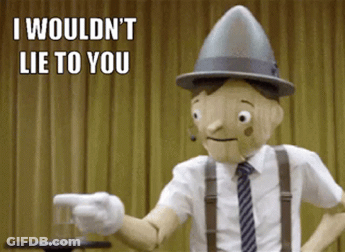 Wooden Puppet Saying I Wouldn't Lie GIF