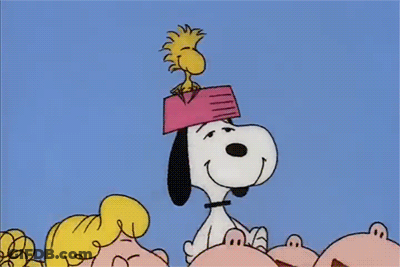 Woodstock Is Sitting On Top Of Snoopy 'S Hat GIF