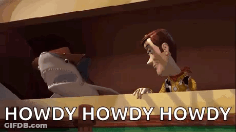 Woody And A Stuffed Shark From Toy Story Are Standing Next To Each Other And Talking To Each Other . GIF