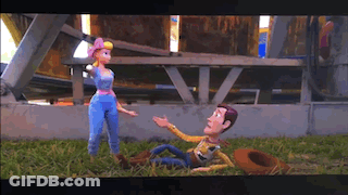 Woody And Bo Peep From Toy Story Are Standing Next To Each Other In The Grass . GIF