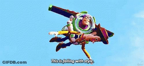 Woody And Buzz Lightyear Flying Through Air GIF