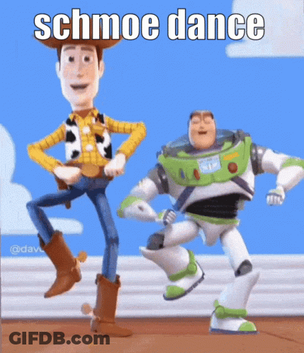 Woody And Buzz Lightyear From Toy Story Are Dancing Together With The Caption Schmoe Dance GIF
